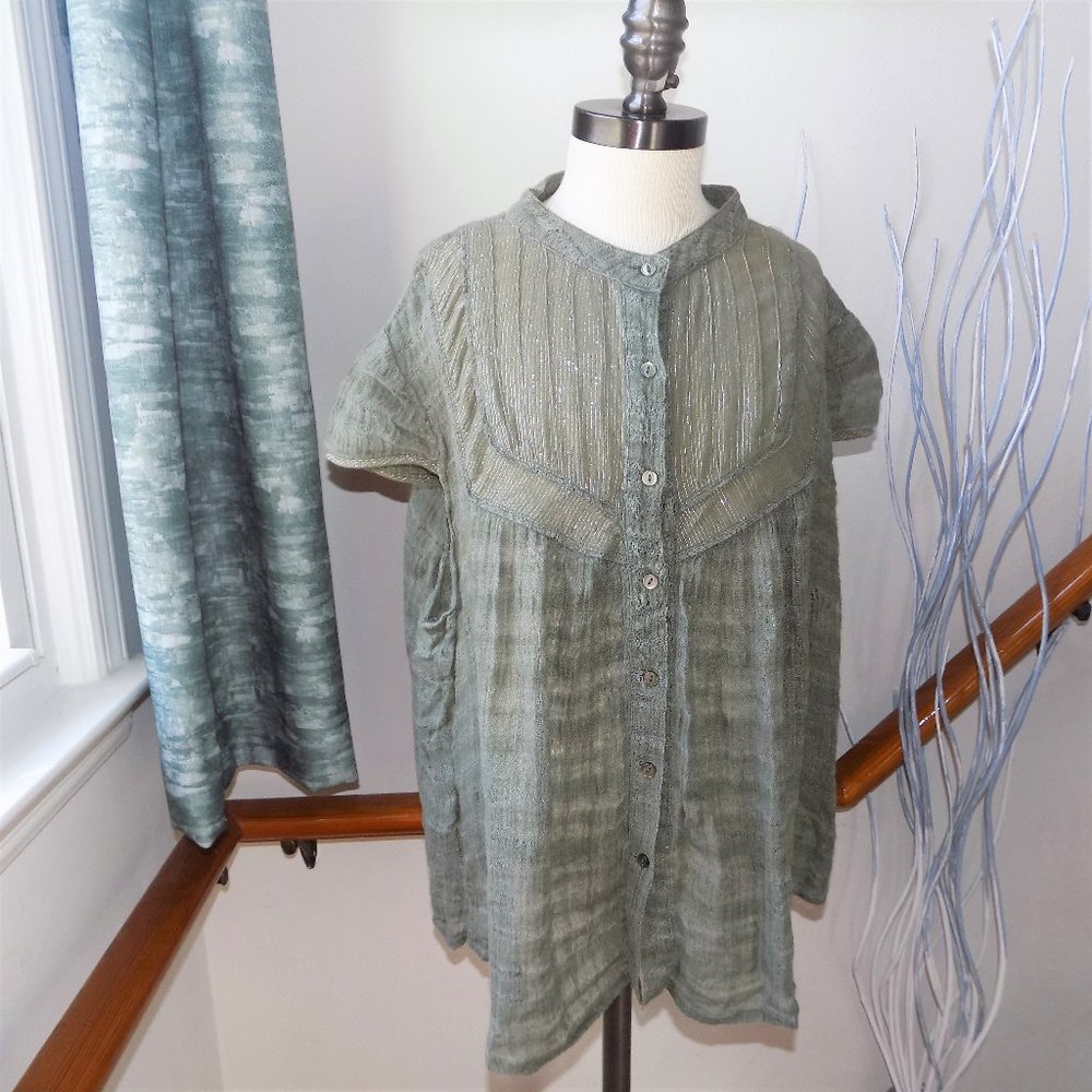 TO THE MAX Green Linen Blouse Size Large Silver Stripes